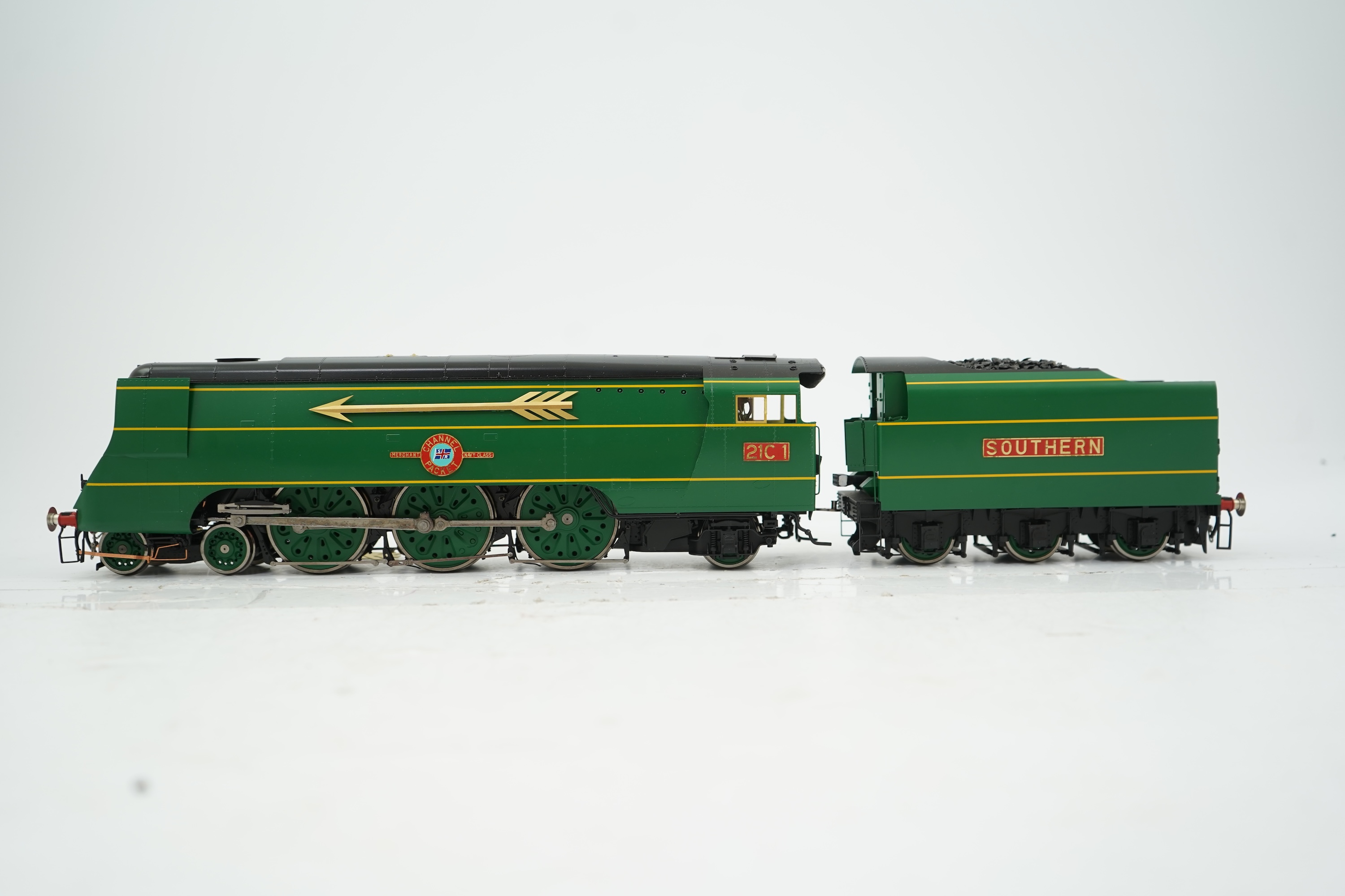An 0 Gauge Golden Age Models Ltd by F C Models, model of a Southern Railway Merchant Navy Class Channel Packet 21C1, 4-6-2 tender locomotive, powered for two rail operation, with original box and operating instructions.